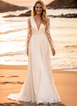 V-Neck Sheer Lace Sleeves Lace Tulle Wedding Dresses Split Front-Dbrbridal