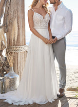 V-Neck Sleeveless Chic A-line Wedding Dress Sweep Train Split Front-Dbrbridal