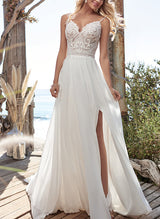 V-Neck Sleeveless Chic A-line Wedding Dress Sweep Train Split Front-Dbrbridal