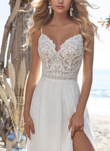 V-Neck Sleeveless Chic A-line Wedding Dress Sweep Train Split Front-Dbrbridal