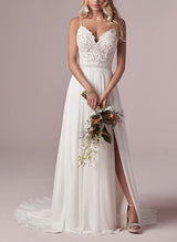 V-Neck Sleeveless Chic A-line Wedding Dress Sweep Train Split Front-Dbrbridal