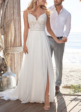 V-Neck Sleeveless Chic A-line Wedding Dress Sweep Train Split Front-Dbrbridal