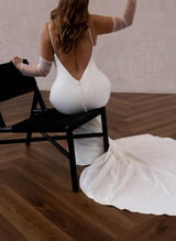 V-Neck Sleeveless Elastic Satin Court Train Wedding Dress Mermaid Fitted-Dbrbridal