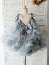V Neck Sleeveless Flowers Tulle Grey Kids Social Party Dresses-Dbrbridal