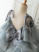 V Neck Sleeveless Flowers Tulle Grey Kids Social Party Dresses-Dbrbridal