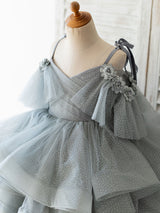 V Neck Sleeveless Flowers Tulle Grey Kids Social Party Dresses-Dbrbridal