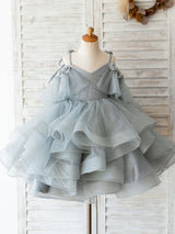 V Neck Sleeveless Flowers Tulle Grey Kids Social Party Dresses-Dbrbridal