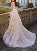 V-neck Sleeveless Lace Tulle Wedding Dresses Appliques Lace-Dbrbridal