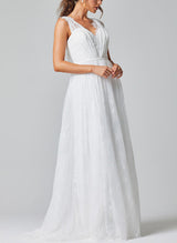 V-Neck Sleeveless Lace Wedding Dress Chic A-line Silhouette Sweep Train-Dbrbridal