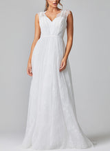 V-Neck Sleeveless Lace Wedding Dress Chic A-line Silhouette Sweep Train-Dbrbridal