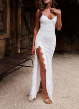 V-Neck Sleeveless Lace Wedding Dress Split Front-Dbrbridal