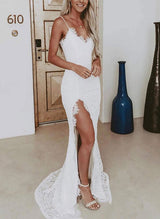 V-Neck Sleeveless Lace Wedding Dress Split Front-Dbrbridal