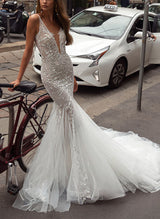 V-Neck Sleeveless Mermaid Fitted Court Train Lace Tulle Wedding Dresses-Dbrbridal