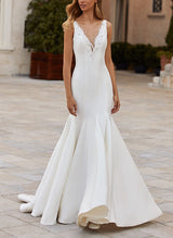 V-Neck Sleeveless Mermaid Fitted Wedding Dresses Sweep Train-Dbrbridal