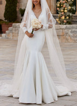 V-Neck Sleeveless Mermaid Fitted Wedding Dresses Sweep Train-Dbrbridal