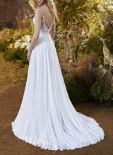 V-Neck Sleeveless Spaghetti Straps Chiffon Court Train Wedding Dress Lace-Dbrbridal