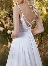 V-Neck Sleeveless Spaghetti Straps Chiffon Court Train Wedding Dress Lace-Dbrbridal