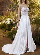 V-Neck Sleeveless Spaghetti Straps Chiffon Court Train Wedding Dress Lace-Dbrbridal