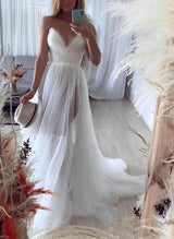 V-Neck Sleeveless Summer Beach Wedding Dress Sweep Train Split Front-Dbrbridal