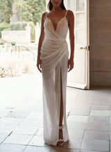 V-Neck Sleeveless Sweep Train Sequined Wedding Dress Front Split-Dbrbridal