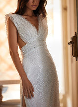 V-Neck Sleeveless Sweep Train Wedding Dresses Split Front Beading-Dbrbridal