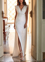 V-Neck Sleeveless Sweep Train Wedding Dresses Split Front Beading-Dbrbridal