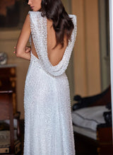 V-Neck Sleeveless Sweep Train Wedding Dresses Split Front Beading-Dbrbridal