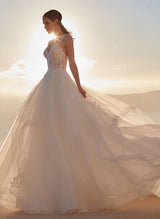 V-Neck Sleeveless Tulle Lace Chapel Train Wedding Dress Appliques Lace Pleated-Dbrbridal