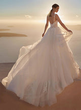 V-Neck Sleeveless Tulle Lace Chapel Train Wedding Dress Appliques Lace Pleated-Dbrbridal