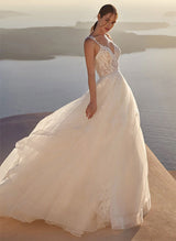 V-Neck Sleeveless Tulle Lace Chapel Train Wedding Dress Appliques Lace Pleated-Dbrbridal