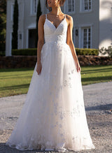 V-Neck Sleeveless Tulle Wedding Dresses Appliques Lace-Dbrbridal