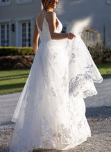 V-Neck Sleeveless Tulle Wedding Dresses Appliques Lace-Dbrbridal
