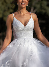 V-Neck Sleeveless Tulle Wedding Dresses Appliques Lace-Dbrbridal