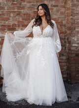 V-Neck Sweep Train Boho Garden Plus Size Chic A-line Long Sleeves Lace Wedding Dresses-Dbrbridal
