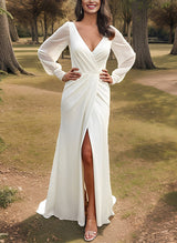 V-Neck Sweep Train Chiffon Split Front Wedding Dress-Dbrbridal