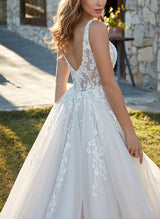 V-Neck Sweep Train Tulle Wedding Dress Lace-Dbrbridal
