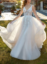 V-Neck Sweep Train Tulle Wedding Dress Lace-Dbrbridal