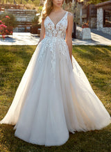 V-Neck Sweep Train Tulle Wedding Dress Lace-Dbrbridal