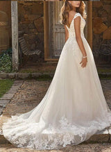 V-Neck Tulle Lace Chic A-line Wedding Dresses Appliques Lace-Dbrbridal