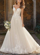 V-Neck Tulle Lace Chic A-line Wedding Dresses Appliques Lace-Dbrbridal