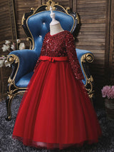 V-Neck Tulle Long Sleeves Ankle-Length A-Line Bows Burgundy Kids Social Party Dresses-Dbrbridal