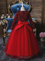 V-Neck Tulle Long Sleeves Ankle-Length A-Line Bows Burgundy Kids Social Party Dresses-Dbrbridal