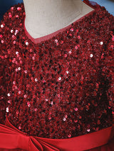 V-Neck Tulle Long Sleeves Ankle-Length A-Line Bows Burgundy Kids Social Party Dresses-Dbrbridal