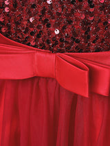 V-Neck Tulle Long Sleeves Ankle-Length A-Line Bows Burgundy Kids Social Party Dresses-Dbrbridal