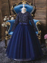 V-Neck Tulle Long Sleeves Ankle-Length A-Line Bows Burgundy Kids Social Party Dresses-Dbrbridal