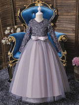 V-Neck Tulle Long Sleeves Ankle-Length A-Line Bows Burgundy Kids Social Party Dresses-Dbrbridal