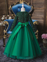 V-Neck Tulle Long Sleeves Ankle-Length A-Line Bows Burgundy Kids Social Party Dresses-Dbrbridal