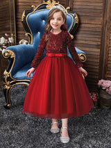 V-Neck Tulle Long Sleeves Ankle-Length A-Line Bows Burgundy Kids Social Party Dresses-Dbrbridal