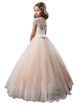 V-Neck Tulle Short Sleeves Ankle Length Ball Gown Bows Kids Pageant flower girl dresses-Dbrbridal