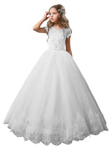 V-Neck Tulle Short Sleeves Ankle Length Ball Gown Bows Kids Pageant flower girl dresses-Dbrbridal